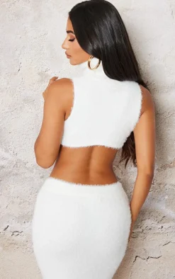 Petite White Fluffy Knit High Neck Curved Hem Crop Top