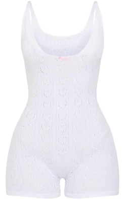 Petite White Knit Pointelle Unitard
