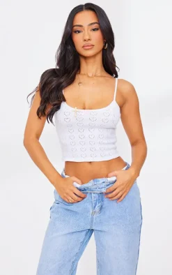 Petite White Knit Pointelle Cami With Bow Detail