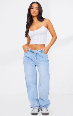 Petite White Knit Pointelle Cami With Bow Detail