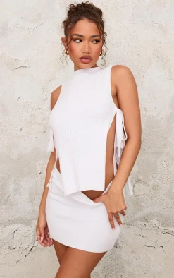 Petite White Knitted Cut Out Side Long Top