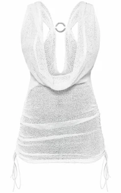 Petite White Knitted Extreme Cowl Ruched Mini Dress