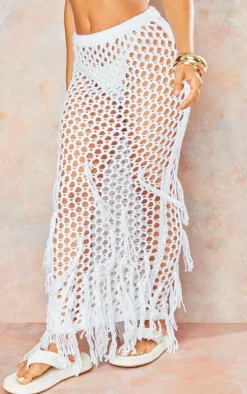 Petite White Knitted Low Waist Maxi Skirt With Tassel Details