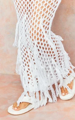 Petite White Knitted Low Waist Maxi Skirt With Tassel Details