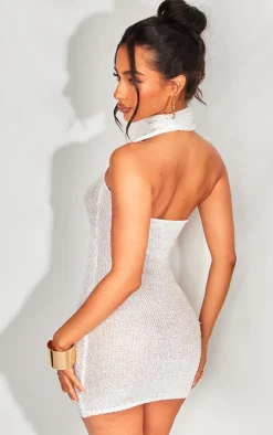 Petite White Knitted Sequin Wrap Around Mini Dress