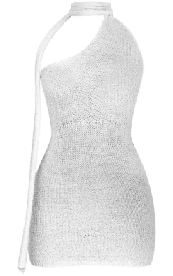 Petite White Knitted Sequin Wrap Around Mini Dress