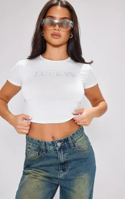 Petite White Lucky Diamante Slinky Crop Top