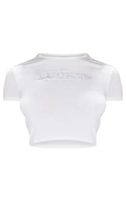 Petite White Lucky Diamante Slinky Crop Top
