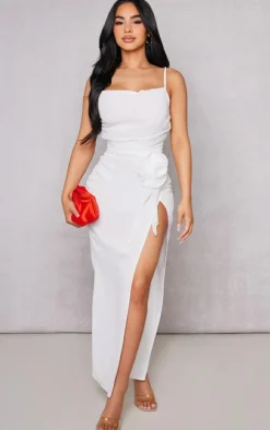 Petite White Mesh Midaxi Dress With Flower Detail