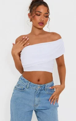 Petite White Mesh One Shoulder Ruched Crop Top