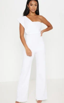 Petite White One Shoulder Drape Jumpsuit