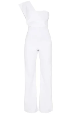 Petite White One Shoulder Drape Jumpsuit
