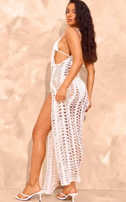 Petite White Open Knit Maxi Dress With Side Splits