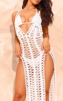 Petite White Open Knit Maxi Dress With Side Splits