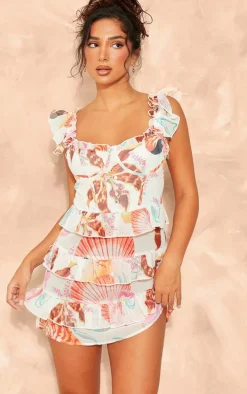 Petite White Print Ruffle Detail Mini Dress