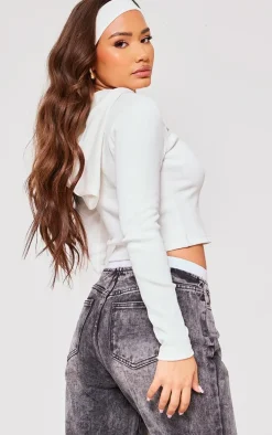 Petite White Ribbed Long Sleeve Fitted Hoodie