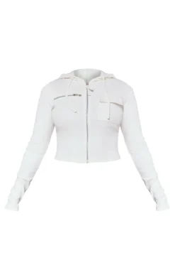 Petite White Ribbed Long Sleeve Fitted Hoodie