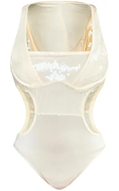 Petite White Sequin Cut Out Bodysuit With Hood
