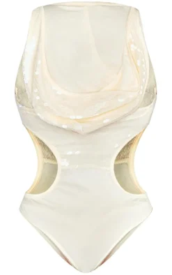 Petite White Sequin Cut Out Bodysuit With Hood