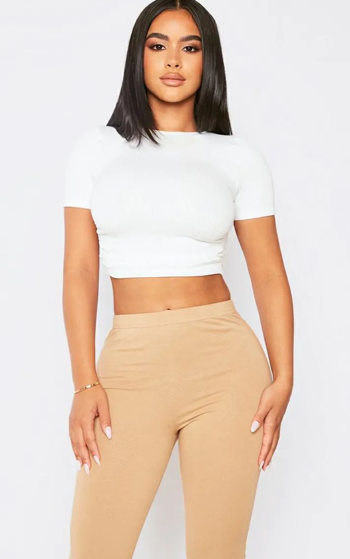 Petite White Short Sleeve Snatched Rib Ruched Side Fitted T Shirt