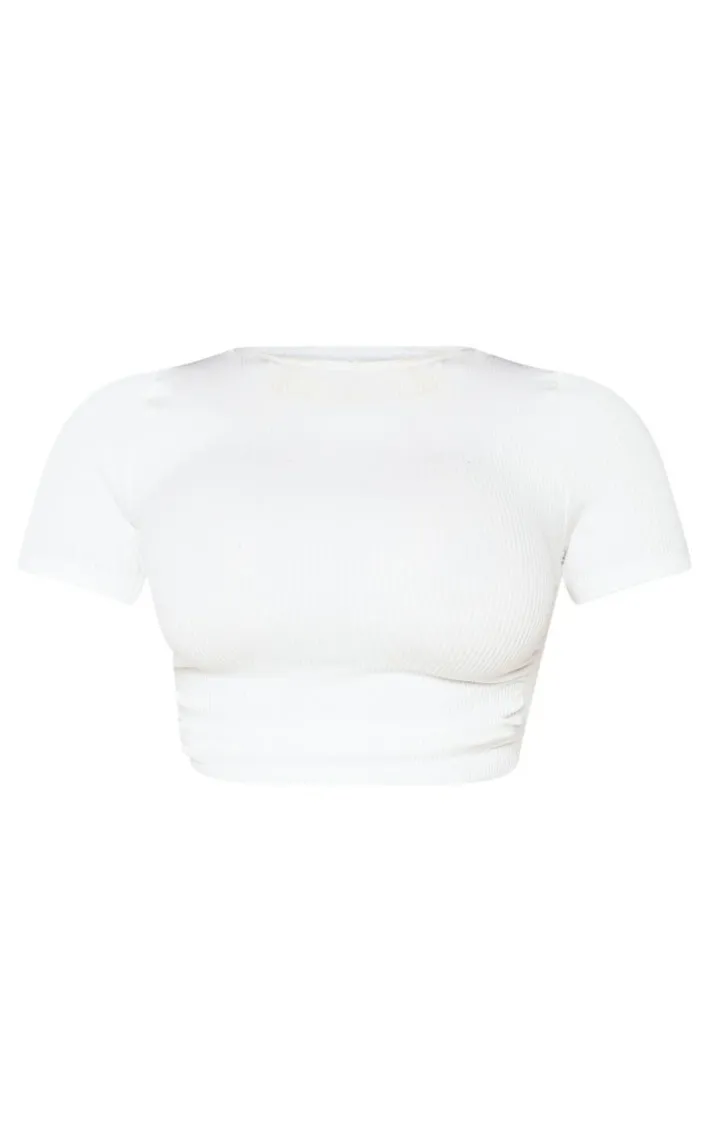 Petite White Short Sleeve Snatched Rib Ruched Side Fitted T Shirt