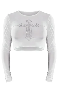 Petite White Slinky Diamante Cross Crop Top