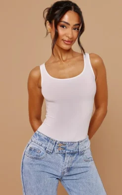 Petite White Slinky Square Neck Thong Bodysuit