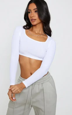 Petite White Square Neck Ribbed Long Sleeve Crop Top