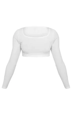 Petite White Square Neck Ribbed Long Sleeve Crop Top