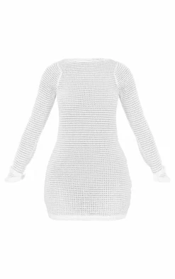 Petite White Textured Long Sleeve Open Back Mini Dress