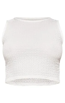 Petite White Textured Racer Crop Top