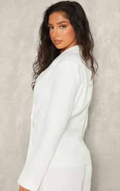 Petite White Woven Pocket Detail Double Breasted Blazer