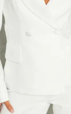 Petite White Woven Pocket Detail Double Breasted Blazer