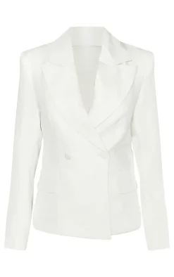 Petite White Woven Pocket Detail Double Breasted Blazer