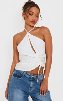 Petite White Woven Ruched Cut Out Top
