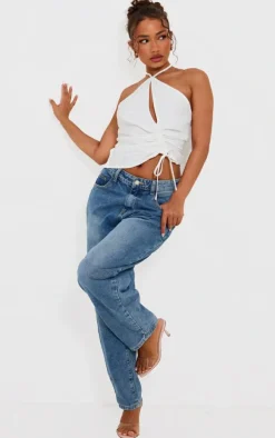 Petite White Woven Ruched Cut Out Top