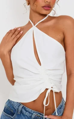 Petite White Woven Ruched Cut Out Top