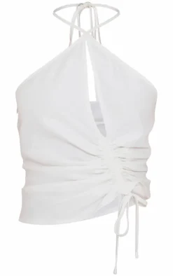 Petite White Woven Ruched Cut Out Top