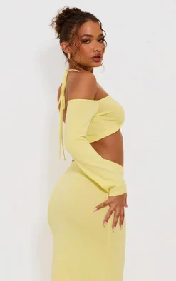 Petite Yellow Knitted Twist Front Long Sleeve Crop Top