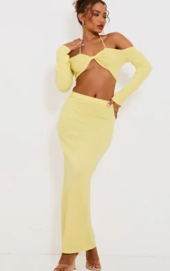 Petite Yellow Knitted Twist Front Long Sleeve Crop Top