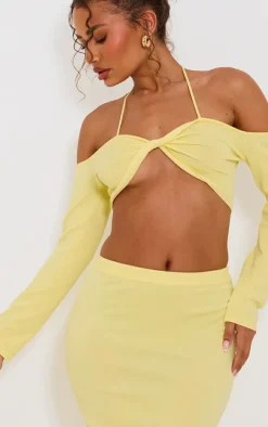 Petite Yellow Knitted Twist Front Long Sleeve Crop Top