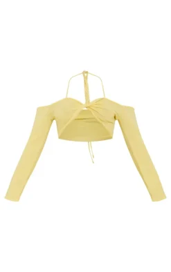 Petite Yellow Knitted Twist Front Long Sleeve Crop Top