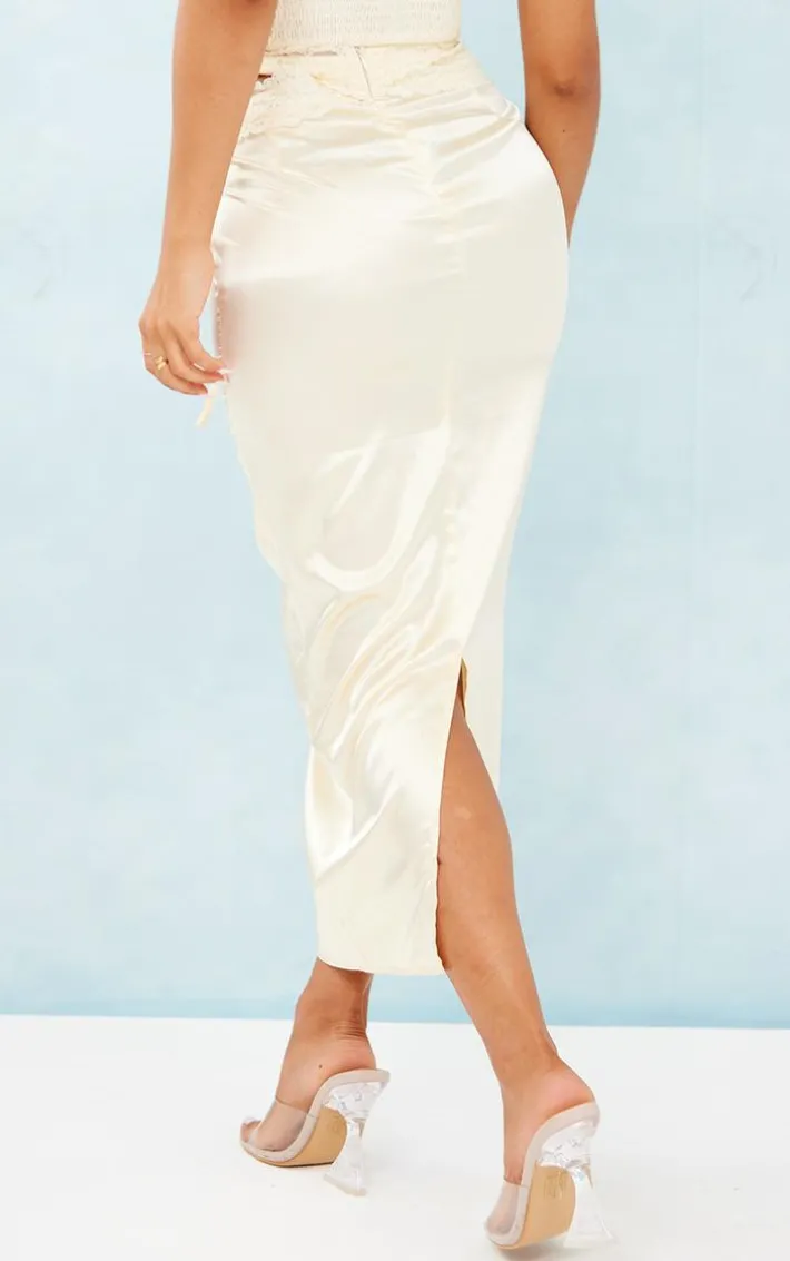 Petite Yellow Satin Lace Detail Midaxi Skirt
