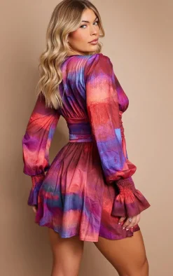 Pink Abstract Painted Button Detail Puff Sleeve Shift Dress