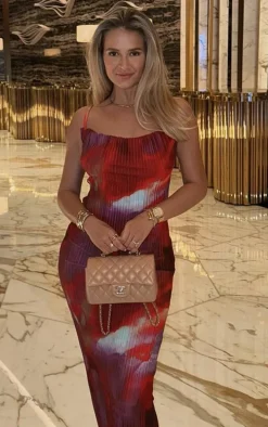 Pink Abstract Print Plisse Strappy Maxi Dress