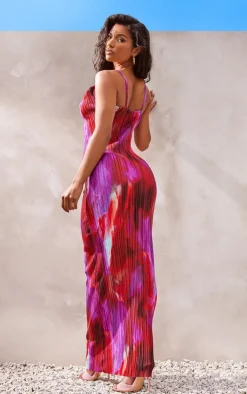Pink Abstract Print Plisse Strappy Maxi Dress