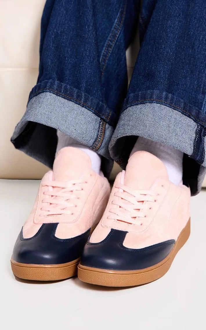 Pink and Blue PU Contrast Panel Lace Up Sneakers