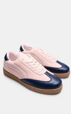 Pink and Blue PU Contrast Panel Lace Up Sneakers