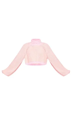 Pink And Cream Knit Roll Neck Cut Out Cropped Sweater