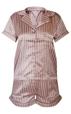 Pink And Grey Stripe Satin Short PJ Set